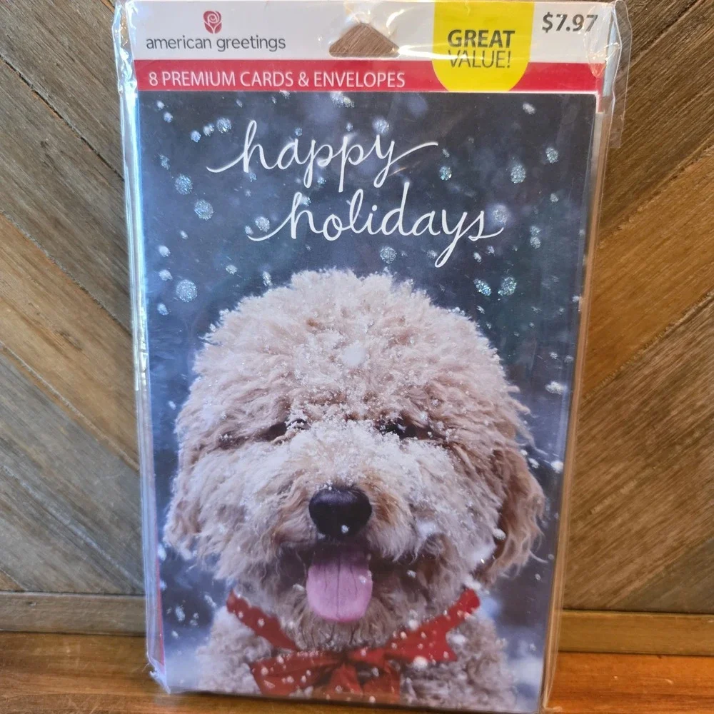 American Greetings Happy Holidays 8 Cards & Envelopes Dog Glitter Festive